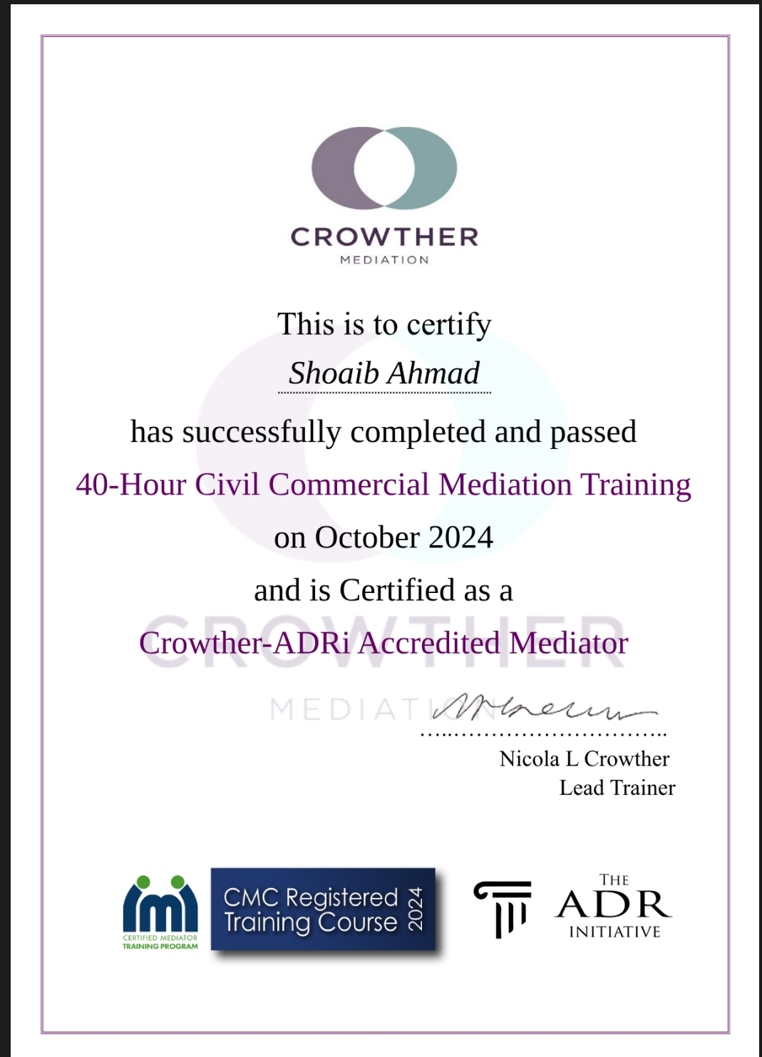 Crowther Mediation Certificate